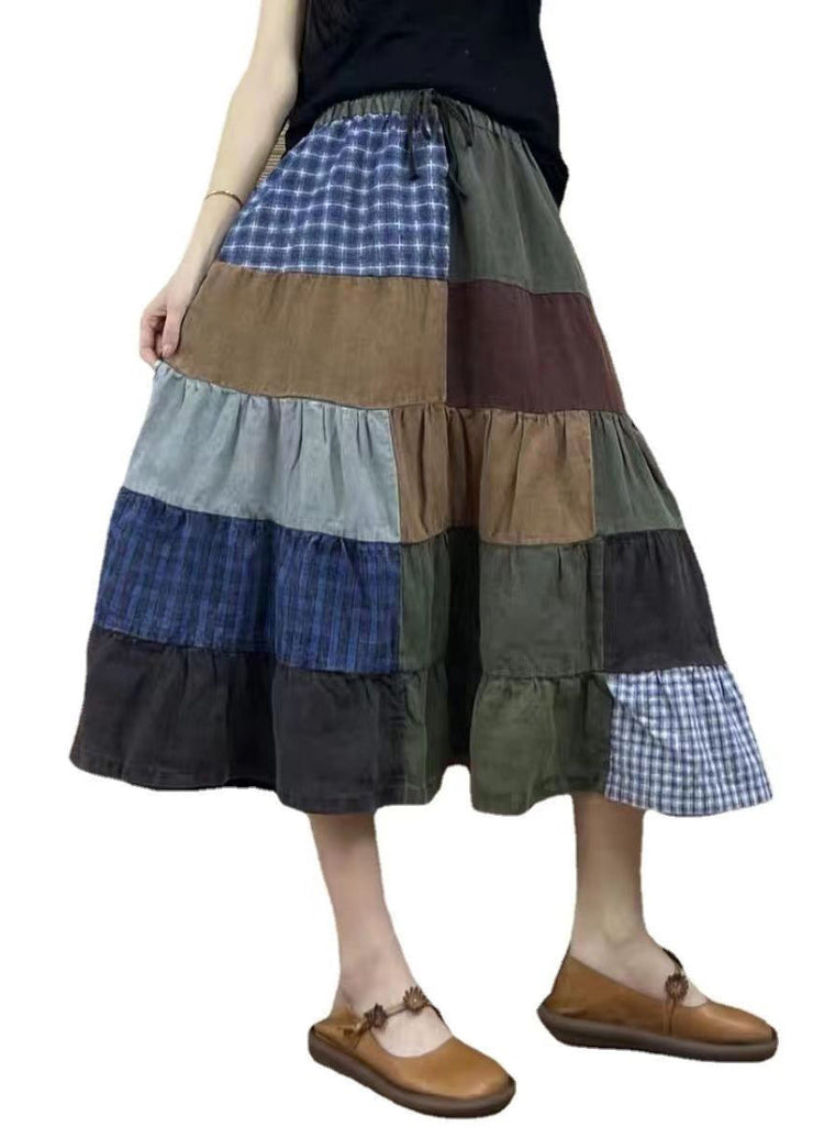 Retro Plaid Elastic Waist Patchwork Cotton Skirts Fall