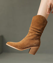 Retro Pointed Toe Chunky Heel Boots Brown Suede