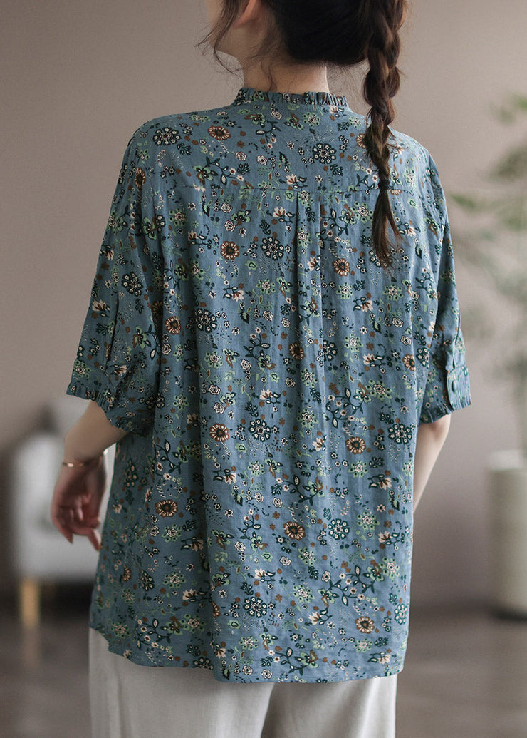 Retro Print Wrinkled Button Cotton Short Sleeve