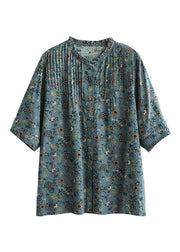 Retro Print Wrinkled Button Cotton Short Sleeve