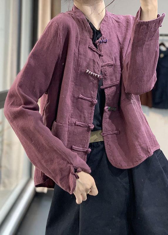 Retro Purple Chinese Button Pockets Linen Coat Fall