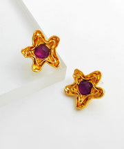 Retro Purple Copper Overgild Resin Star Stud Earrings