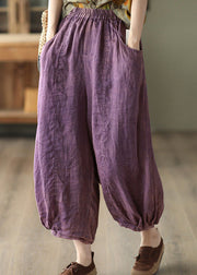 Retro Purple Elastic Waist Solid Ramie Lantern Pants Summer