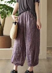 Retro Purple Pockets Print Ramie Crop Pants Summer