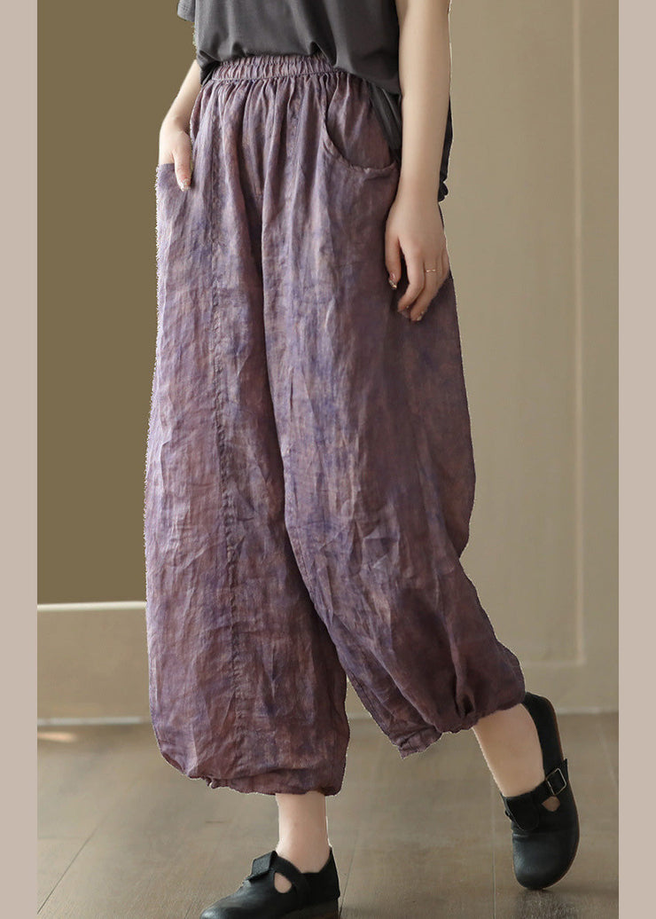 Retro Purple Pockets Print Ramie Crop Pants Summer