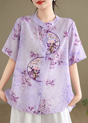 Retro Purple Stand Collar Embroidered Cotton Shirt Summer