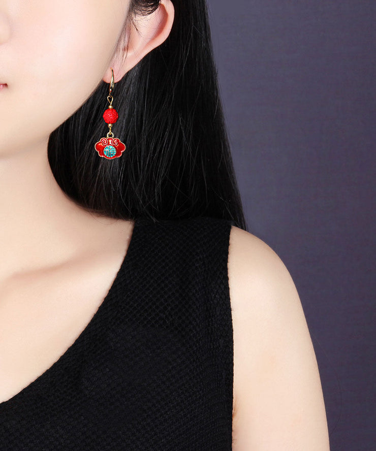 Retro Red Alloy Cloisonne Drop Earrings