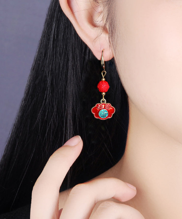 Retro Red Alloy Cloisonne Drop Earrings