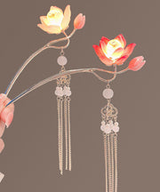 Retro Red Alloy Coloured Glaze Lotus Flower Palace Lantern Hairpin