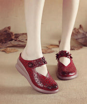 Retro Red Hollow Out Splicing Cowhide Leather Wedge Slide Sandals