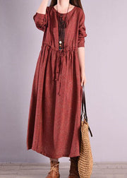 Retro Red O Neck Drawstring Patchwork Linen Long Dresses Spring