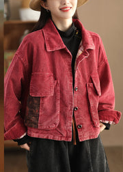 Retro Red Peter Pan Collar Pockets Patchwork Button Corduroy Coat Long Sleeve