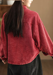 Retro Red Peter Pan Collar Pockets Patchwork Button Corduroy Coat Long Sleeve