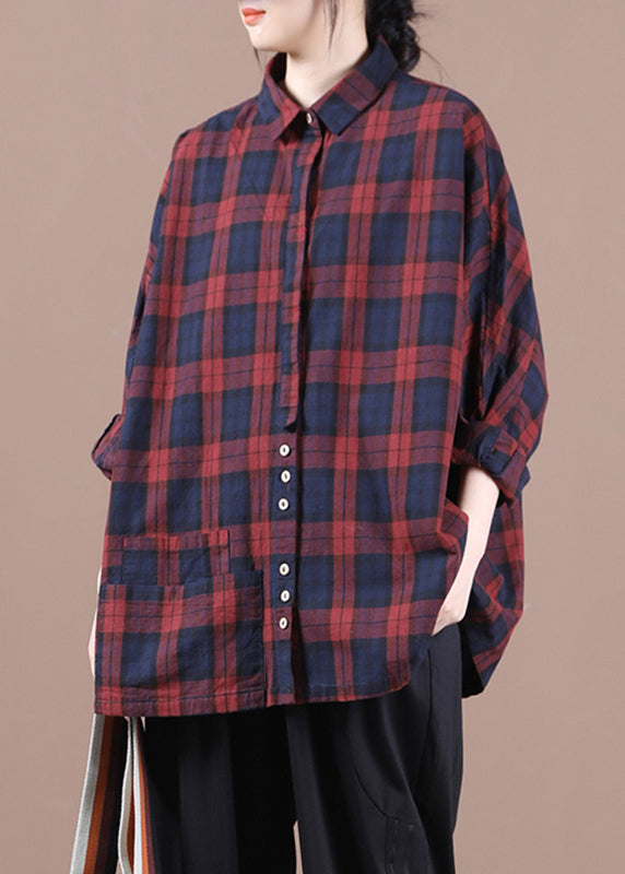 Retro Red Plaid Peter Pan Collar Button Cotton Shirt Long Sleeve