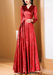 Retro Red Print Slim Fit Satin Long Dresses Spring