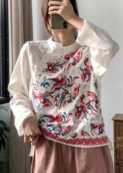 Retro Red Stand Collar Embroidered Linen Shirt Long Sleeve