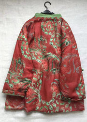 Retro Red Stand Collar Print Chinese Button Fine Cotton Filled Jackets Winter