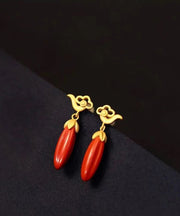 Retro Red Sterling Silver Inlaid Lingdan Vermiling Sand Drop Earrings