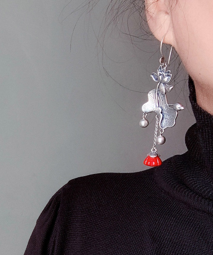 Retro Red Sterling Silver Lotus Tassel Drop Earrings