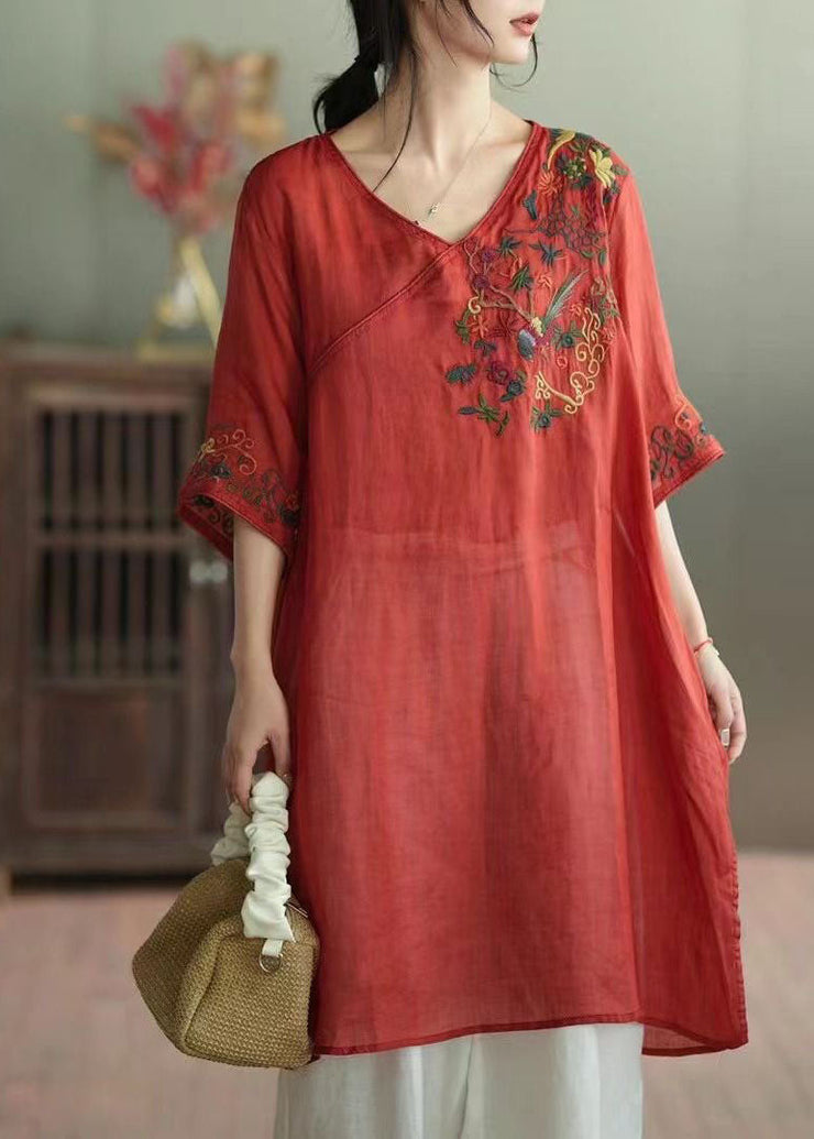 Retro Red V Neck Embroideried Patchwork Linen Mid Dress Summer