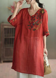 Retro Red V Neck Embroideried Patchwork Linen Mid Dress Summer