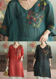 Retro Red V Neck Embroideried Patchwork Linen Mid Dress Summer