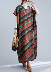 Retro Red V Neck Striped Print Cotton Maxi Dresses Short Sleeve