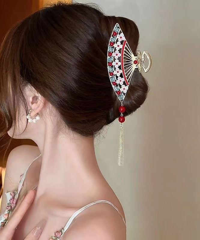 Retro Red Zircon Pearl Floral Fan Tassel Hairpin