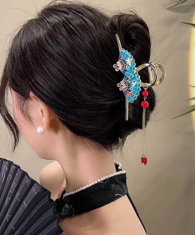 Retro Red Zircon Pearl Floral Fan Tassel Hairpin