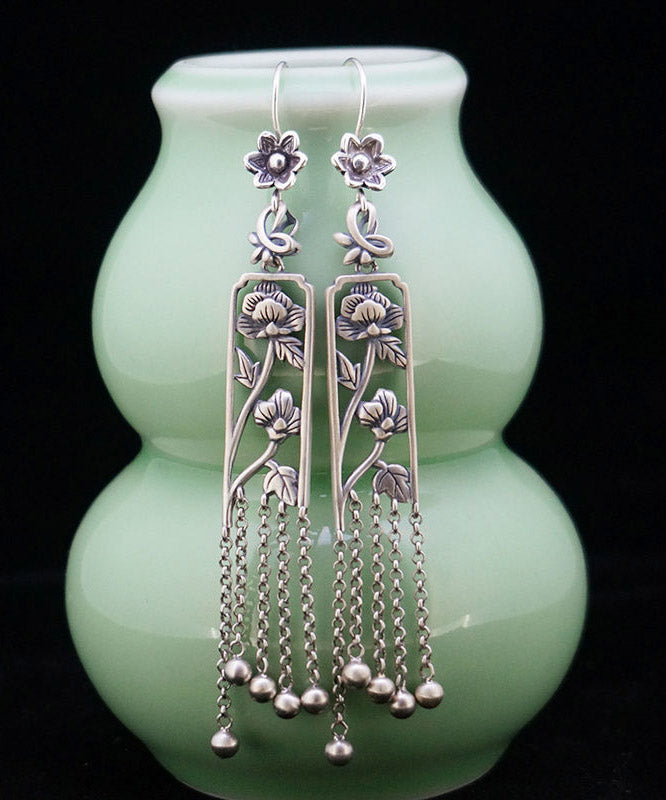 Retro Silk Sterling Silver Hollow Out Peony Tassel Drop Earrings