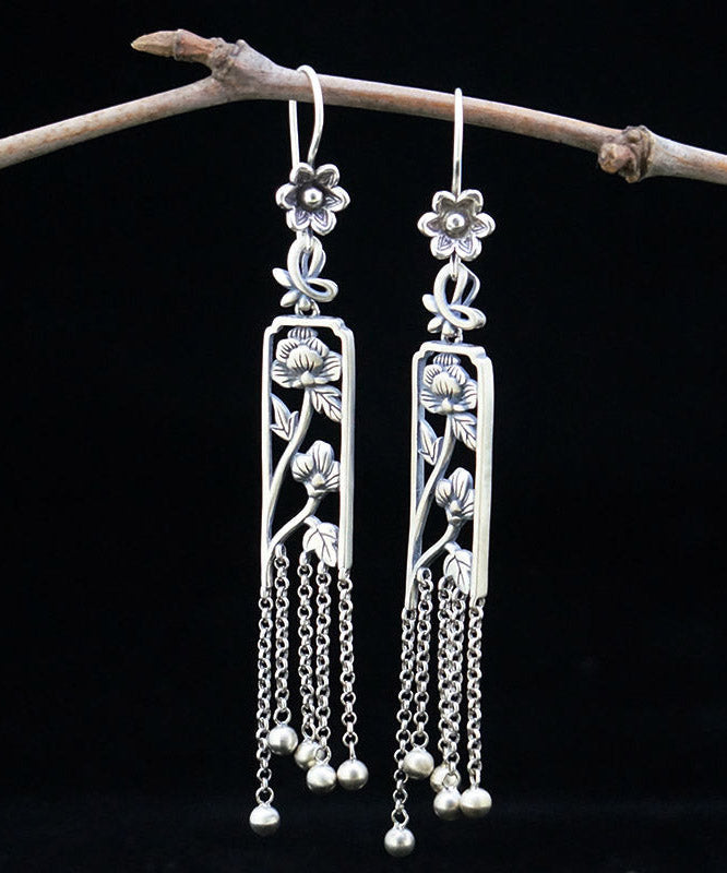 Retro Silk Sterling Silver Hollow Out Peony Tassel Drop Earrings