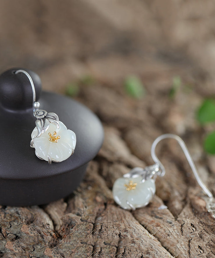 Retro Silk Sterling Silver Inlaid Jade Floral Drop Earrings