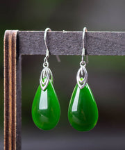 Retro Silk Sterling Silver Inlaid Jade Water Drops Drop Earrings