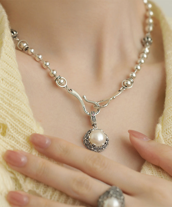 Retro Silk Sterling Silver Pearl Pendant Necklace