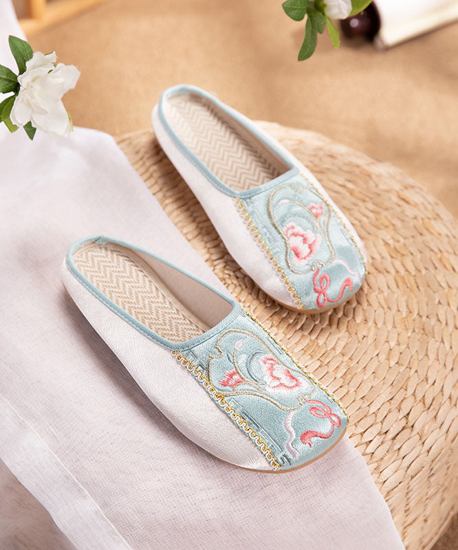 Retro Splicing Embroideried Flat Slide Sandals Light Green Cotton Fabric