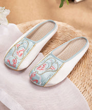 Retro Splicing Embroideried Flat Slide Sandals Light Green Cotton Fabric