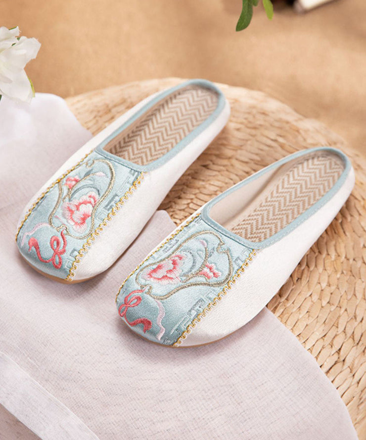 Retro Splicing Embroideried Flat Slide Sandals Light Green Cotton Fabric