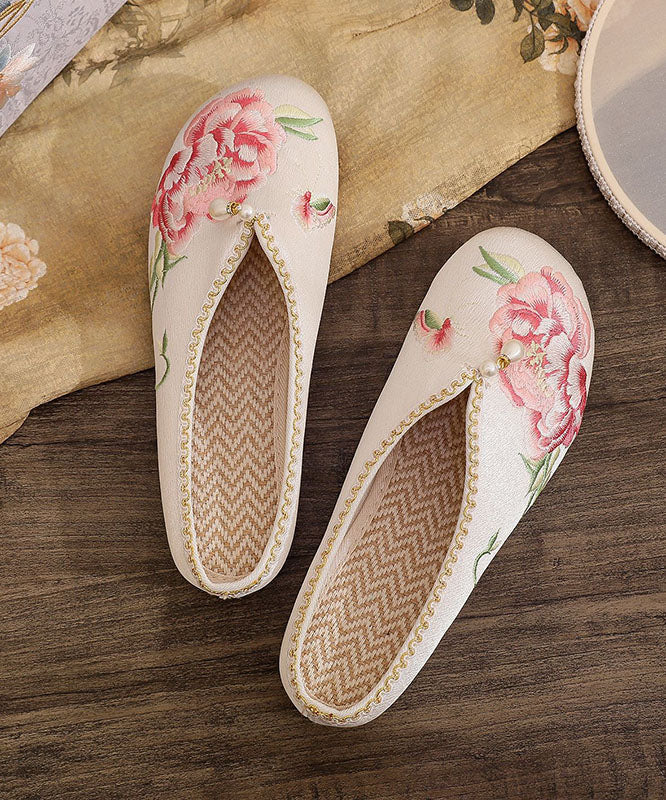 Retro Splicing Slide Sandals White Cotton Fabric Embroideried Nail Bead