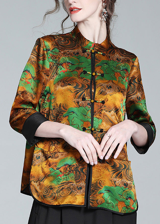 Retro Stand Collar Print Button Side Open Silk Shirt Long Sleeve