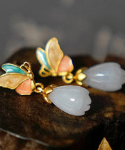 Retro Sterling Silver Overgild Jade Butterfly Drip Drop Earrings