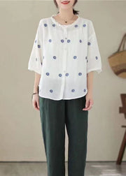 Retro White Embroideried Patchwork Linen Shirt Tops Summer