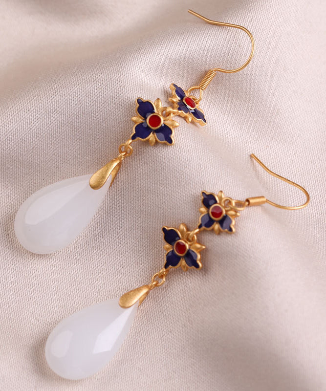 Retro White Floral Gold Plated Bowlder Drop Earrings