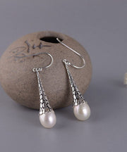 Retro White Sterling Silver Pearl Drop Earrings