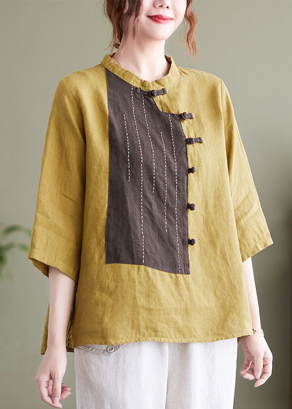 Retro Yellow Embroideried Patchwork Chinese Button Linen Top Bracelet Sleeve