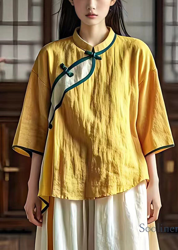 Retro Yellow Oversized Patchwork Linen Top Summer