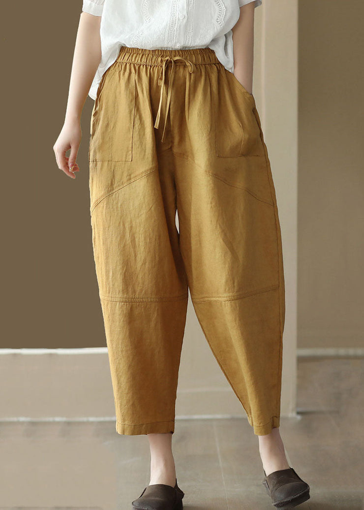 Retro Yellow Pockets Elastic Waist Patchwork Linen Crop Pants Summer