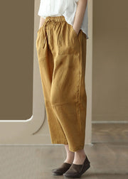 Retro Yellow Pockets Elastic Waist Patchwork Linen Crop Pants Summer