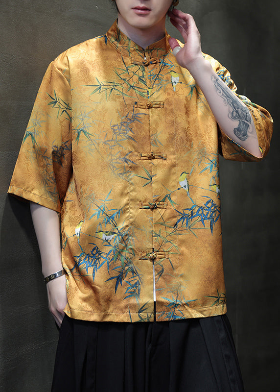 Retro Yellow Print Chinese Button Ice Silk Men Shirts Summer