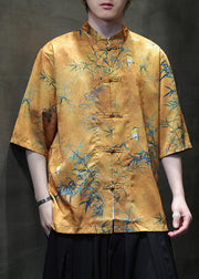 Retro Yellow Print Chinese Button Ice Silk Men Shirts Summer