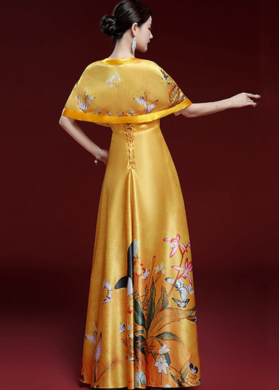 Retro Yellow Print Lacing Strap Shawl And Dress Set Summer